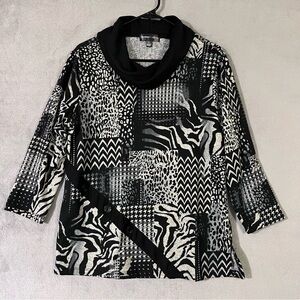 Thomas & Olivia Cowl Neck Knit Top Black White Patchwork Print Womens Sz Large